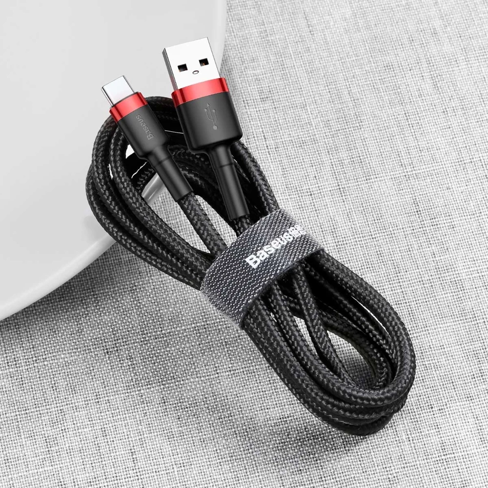 Kabllo Baseus Cafule CATKLF-A91 USB-A në USB-C, 0.5m, 3A, QC 3.0, e zezë dhe e kuqe