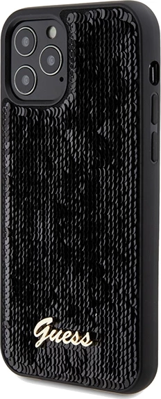 Mbështjellës Guess Sequin Script Metal për iPhone 12/12 Pro, i zi