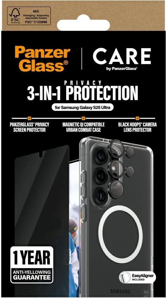 Mbështjellës PanzerGlass CARE Flagship 3in1 me xham privatësie dhe mbrojtëse lente për Samsung Galaxy S25 Ultra