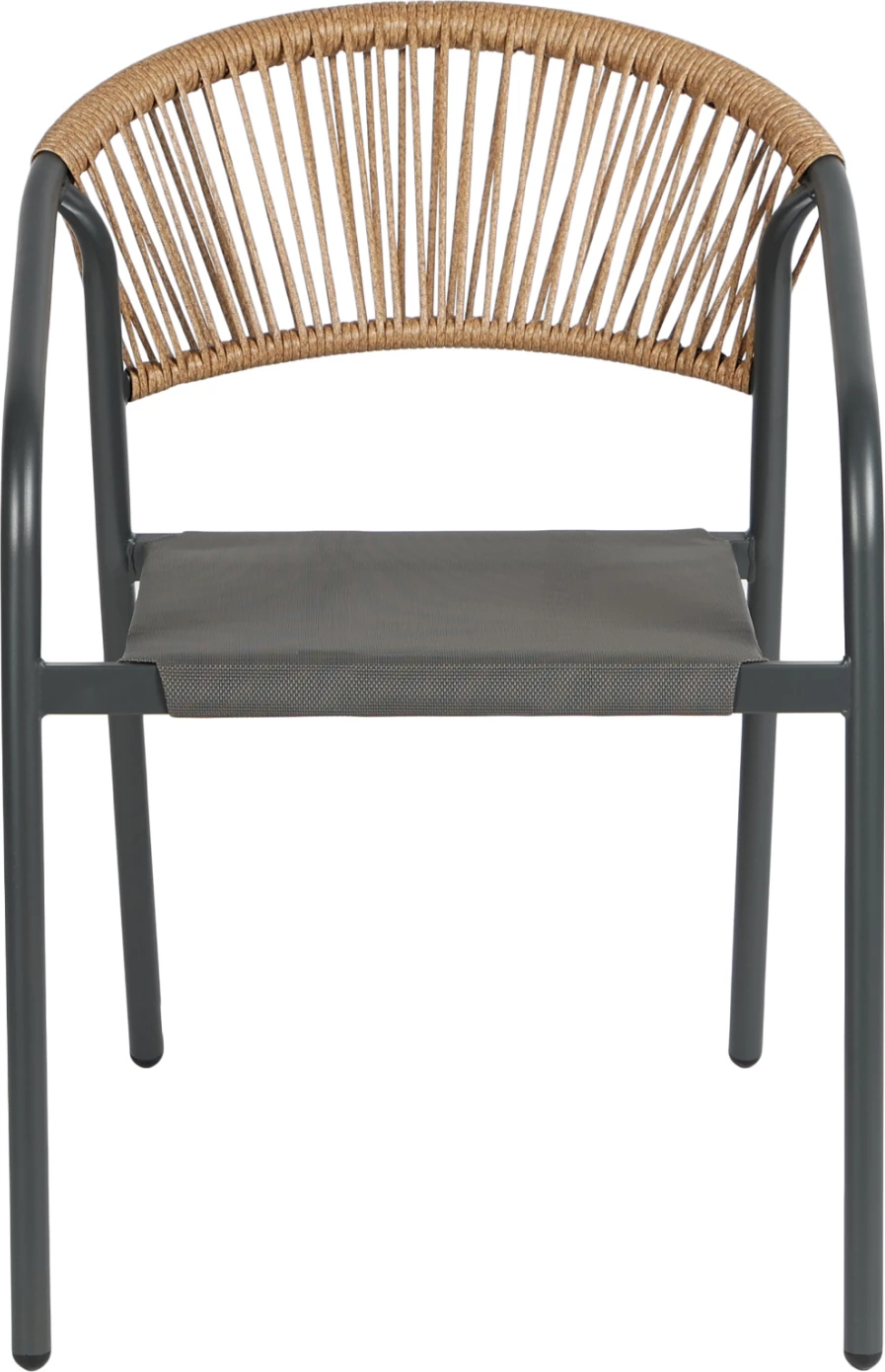 Karrige e jashtme me krahë, strukturë metali, sedilje tekstilene gri, shpinë ratan sintetik bezhë, 53.5x62x75cm