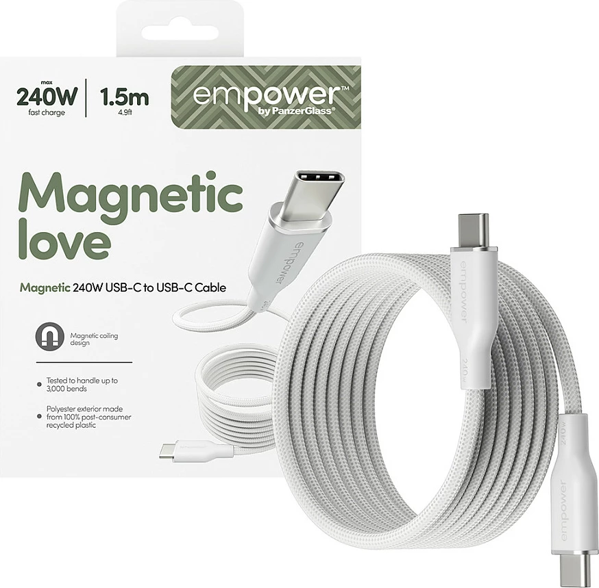 Kabllo USB-C në USB-C PanzerGlass empower Magnetic, 240W, USB 2.0, 1.5m, e bardhë