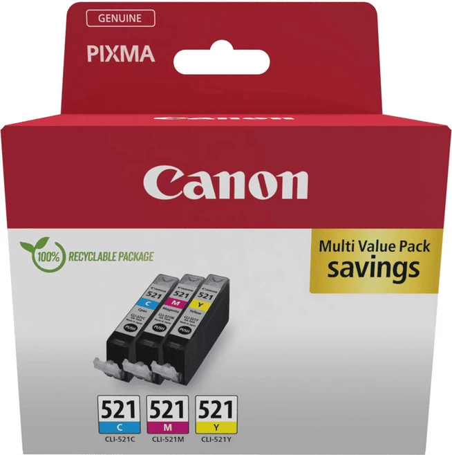 Set fishekë boje, Canon, CLI-521 / 2934B015, 9 ml, rendiment deri 446 faqe, Cyan/Magenta/Yellow, paketë 3