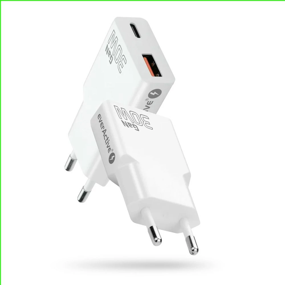 Karikues muri, everActive SC-380Q, GaN super slim 30W, 1x USB + 1x USB-C, QC 3.0/PD, e bardhë