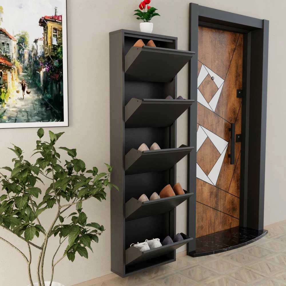 Kabinet këpucësh, metal, 5 pjesë, ngjyrë antracit, Skye Decor