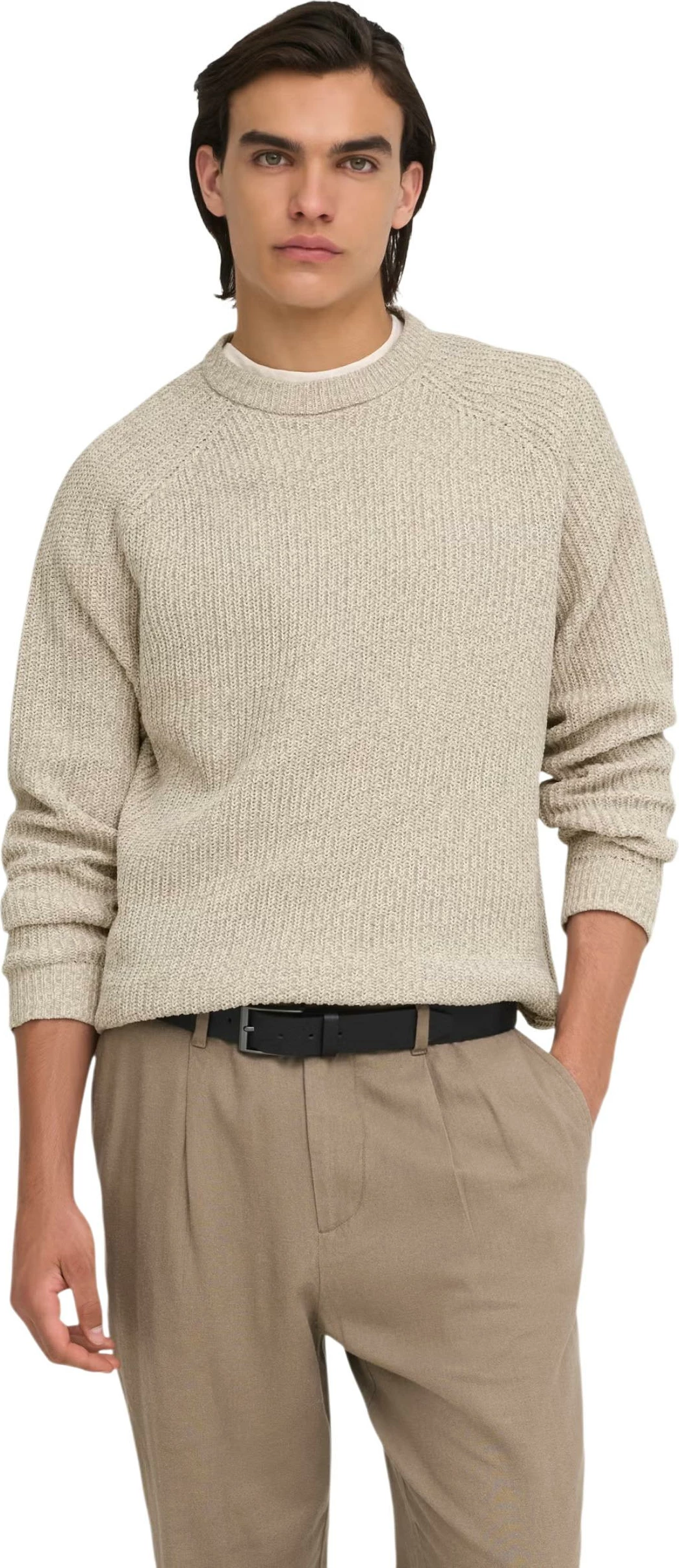 Xhemper për meshkuj Only & Sons Onsjoin Rlx Ls Raglan Knit 22034670, bezhë e çelët