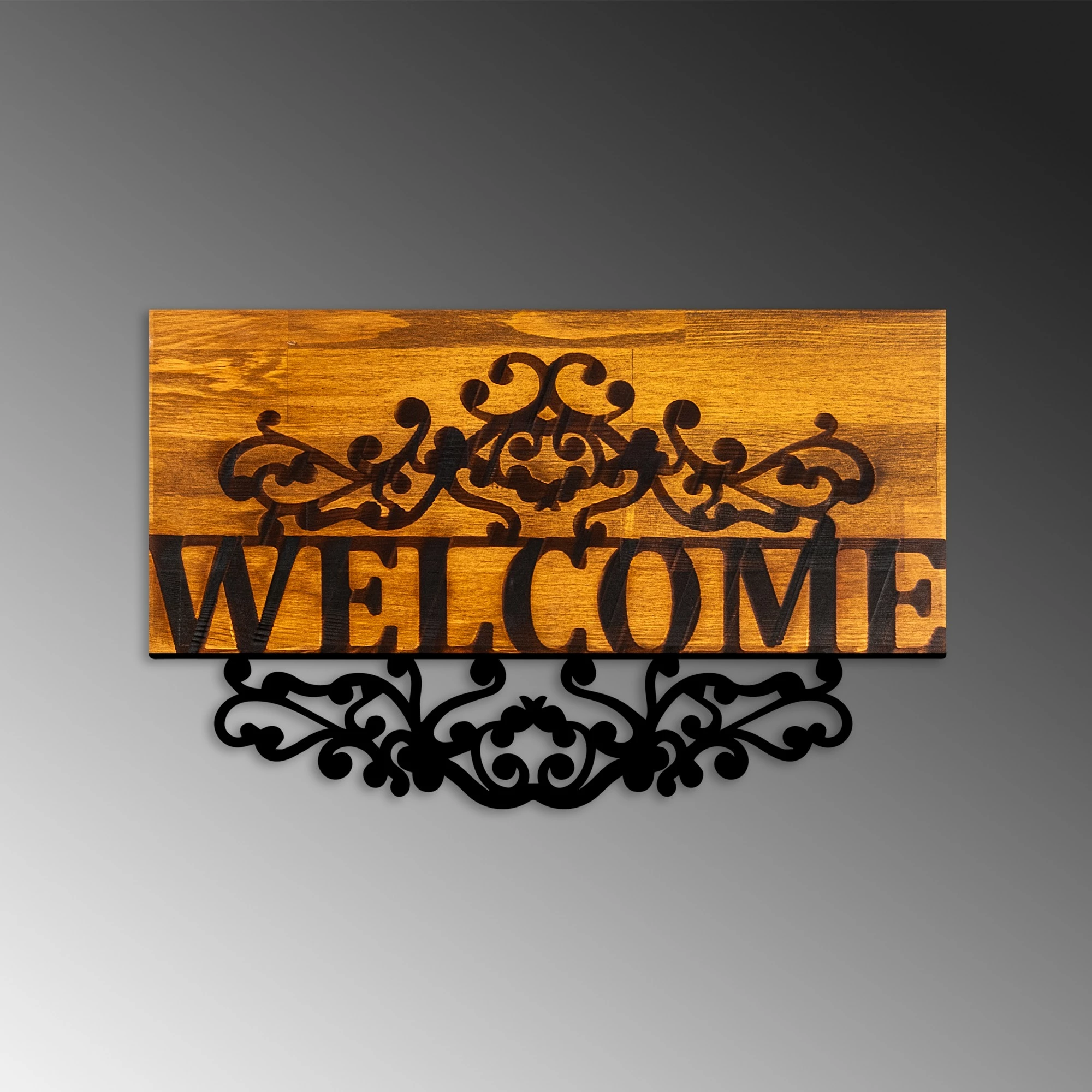 Aksesor dekorativ muri prej druri, Wallity, ngjyrë arre dhe e zezë, Welcome