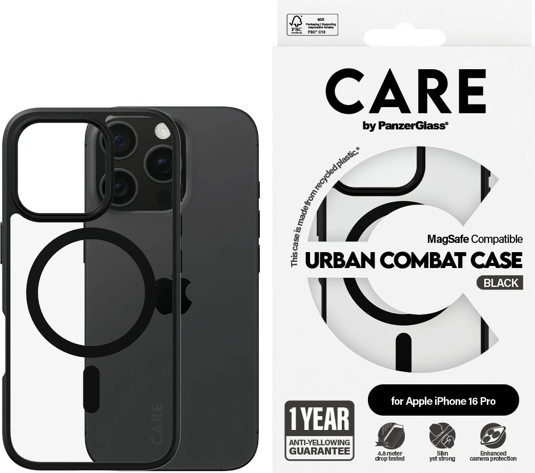 Mbështjellës PanzerGlass CARE Flagship Urban Combat MagSAFE për iPhone 16 Pro, transparent