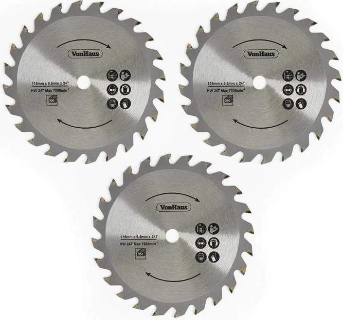 Set tehësh zëvendësues për sharrë rrethore VONHAUS E-Series MPN 3500176 115mm vrimë 9.5mm karabit tungsteni, argjend, set 3 copë