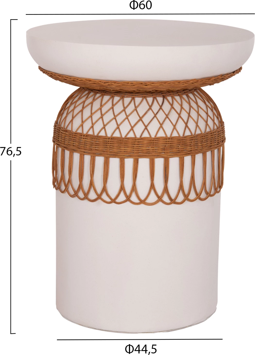 Tavolinë e rrumbullakët për ngrënie PRILEP, fibër-cement, e bardhë, ratan, FH18159.02, 60x76.5cm