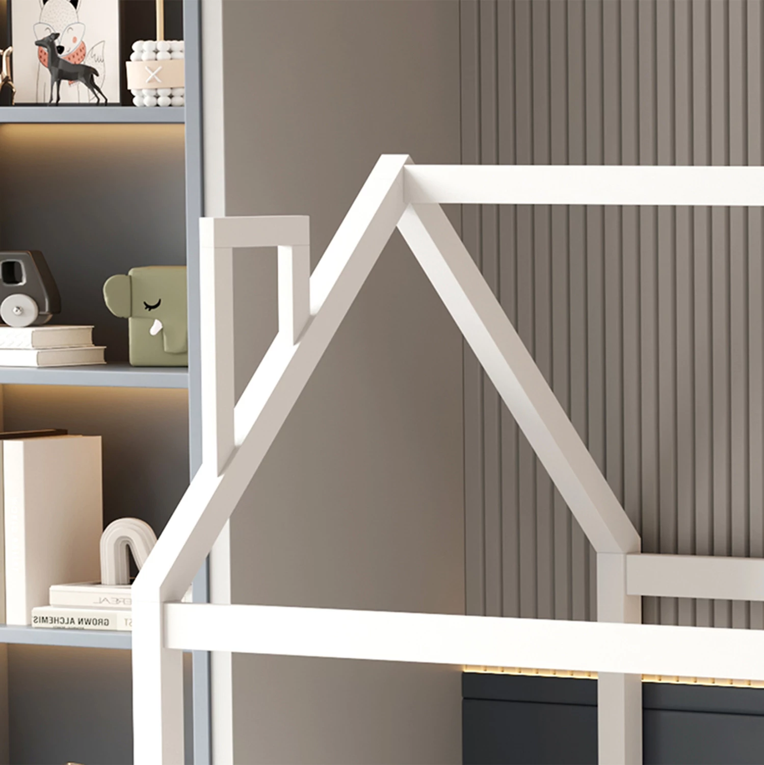 Krevat për fëmijë me parmakë, formë shtëpie, dru i bardhë, FH706.03, 190x90cm