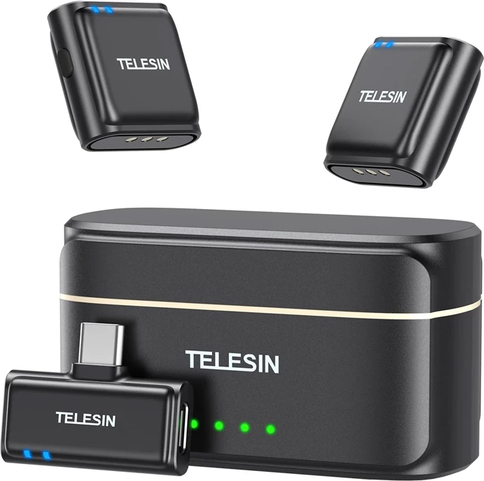 Set mikrofon lavalier pa tela Telesin P5-MCP-01, 2x, 48kHz/24-bit, 200m, 18h, USB-C, me kasë karikimi powerbank, zi