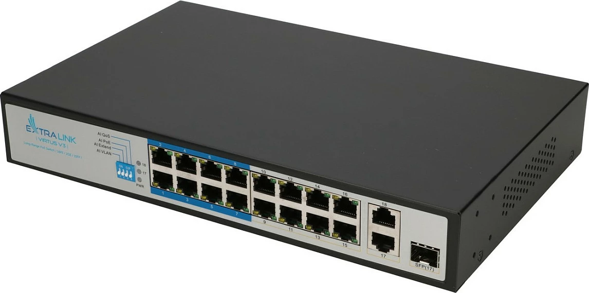 Switch PoE Extralink VIRTUS V3, 16x 100Mb/s PoE/PoE+, 2x Gigabit RJ45, 1x SFP, 150W, i zi