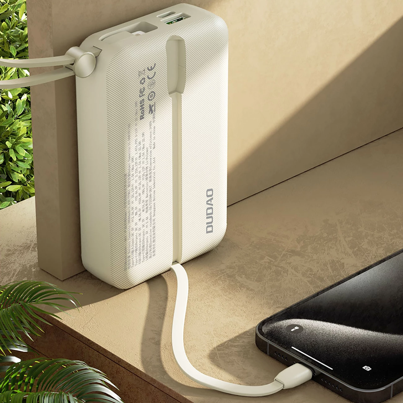 Powerbank, Dudao K14+, 20000 mAh, 22.5W, USB-C/USB-A, kabllo të integruara Lightning dhe USB-C, e bardhë