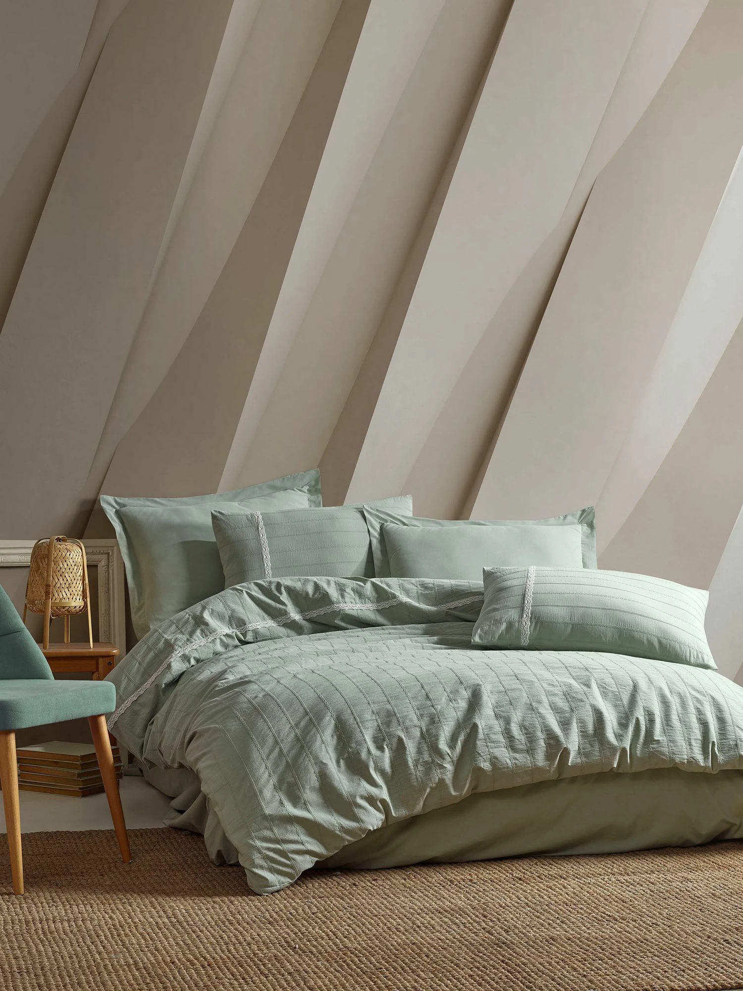 Set mbulesë për jorgan dopio, L'Essentiel Linge de Maison, jeshile, Jacquard