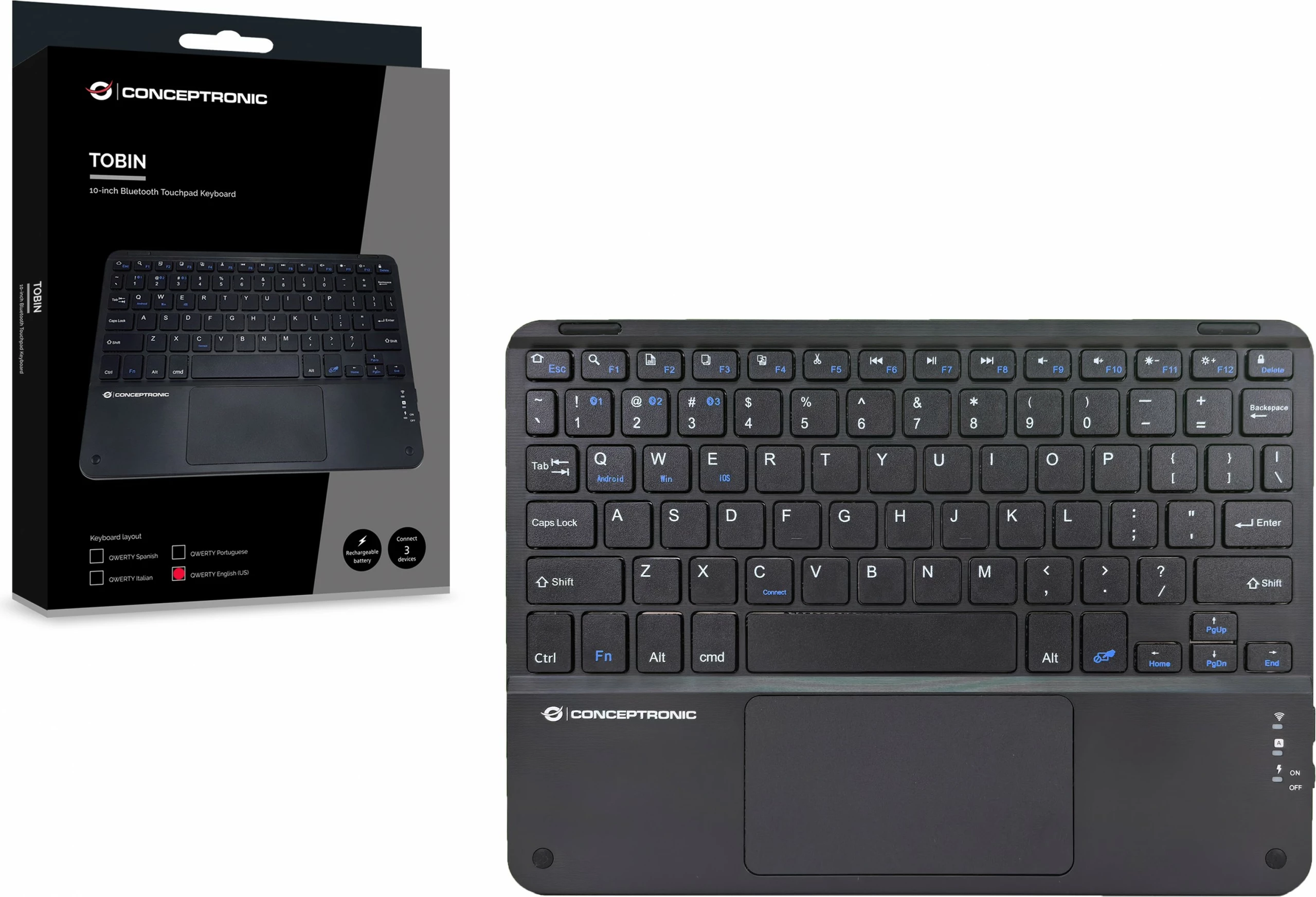 Tastierë wireless Conceptronic 10 inç, QWERTY US/EN, me touchpad, e zezë