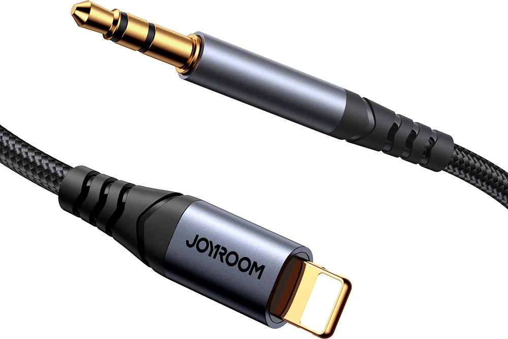 Kabllo audio 3.5 mm mini jack në Lightning, Joyroom SY-A06, 1.2 m, HiFi DAC, gërshetim najloni, e zezë
