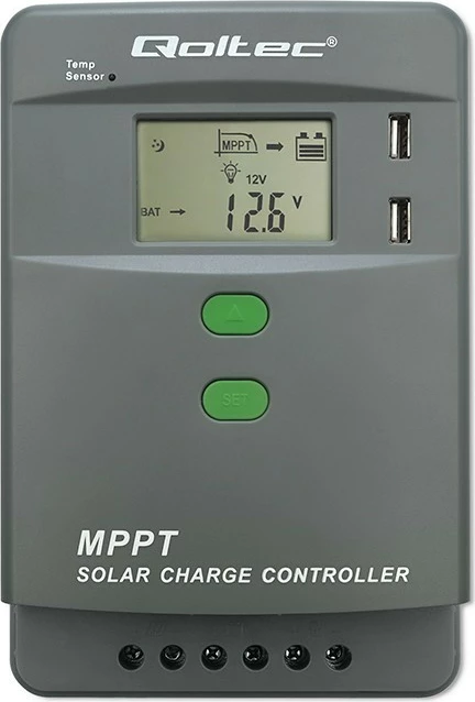 Kontrollues karikimi diellor Qoltec MPPT 53660, 10A, 12V/24V, LCD, 2xUSB, Bluetooth, Gri/Gjelbër
