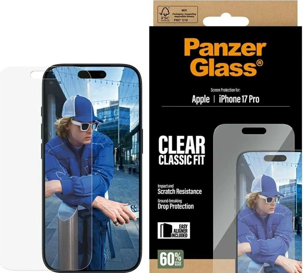 Mbështjellës xhami PanzerGlass Classic Fit EasyAligner për iPhone 17 Pro, transparent
