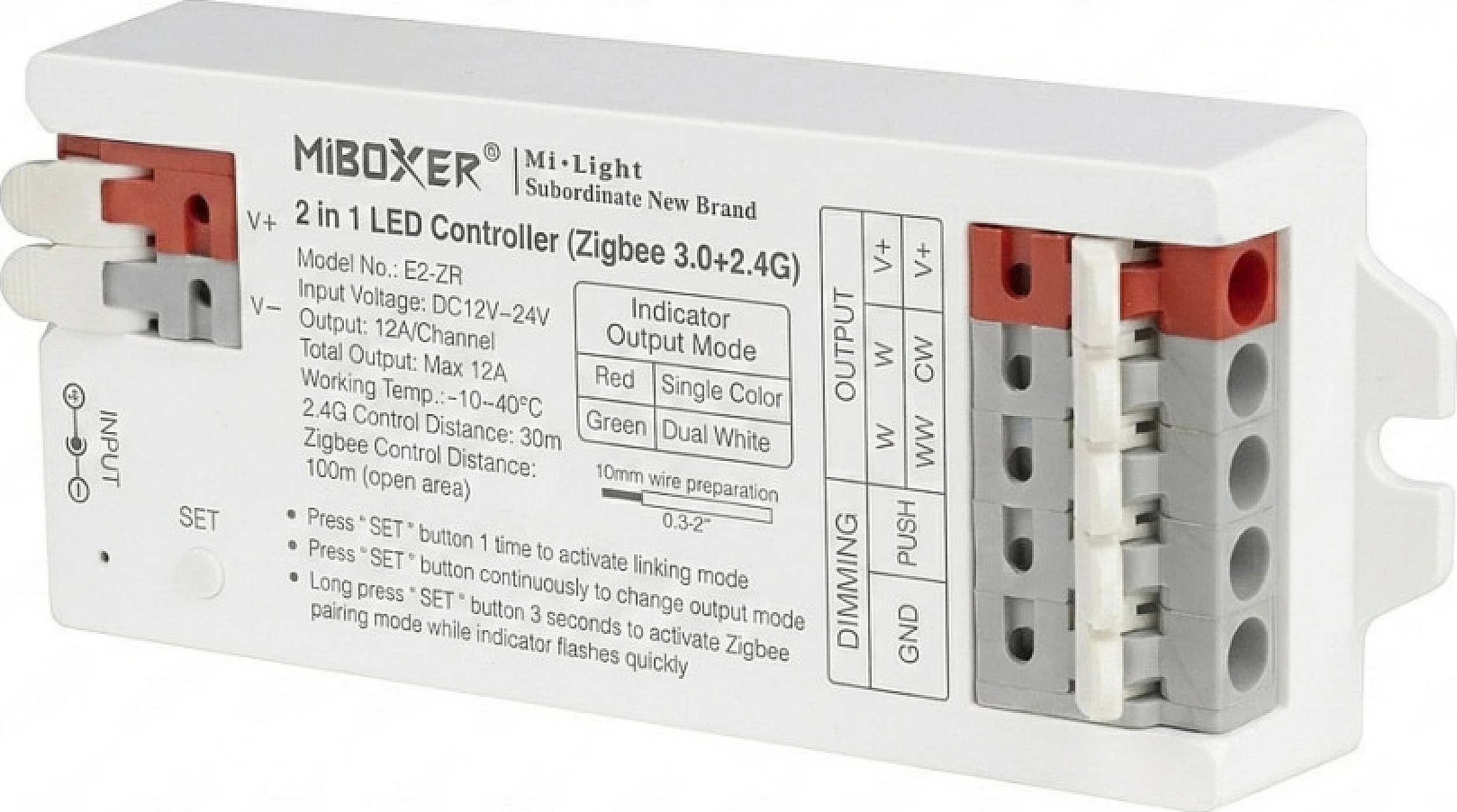 Kontroller LED Miboxer E-Series 2në1, Zigbee 3.0 + 2.4G, DC 12-24V, Single Color/CCT, i bardhë