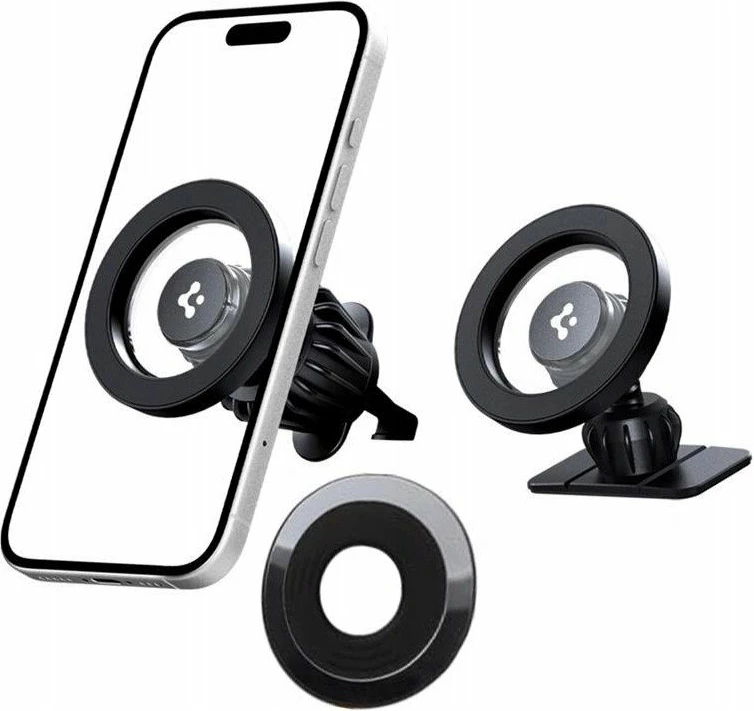Mbajtës telefoni për veturë Spigen MFT13 MagSafe magnetik 360° montim në ventilim & dashboard, i zi, set me pllakë MagSafe