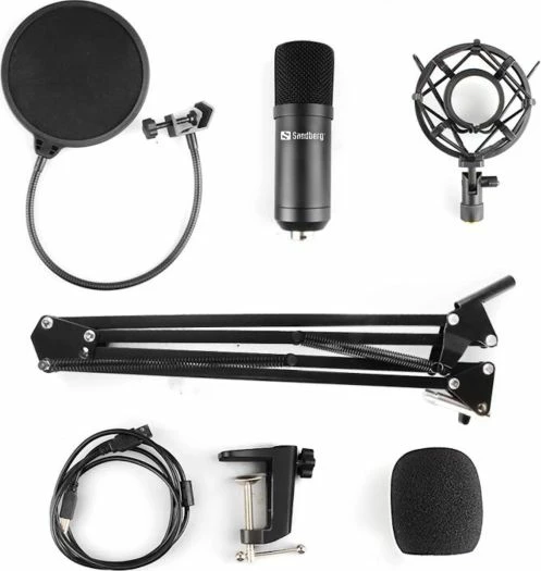 Mikrofon USB SANDBERG Streamer 126-07, cardioid 96kHz/24-bit, me krah tavoline & pop filter, i zi, set 7 pjesë