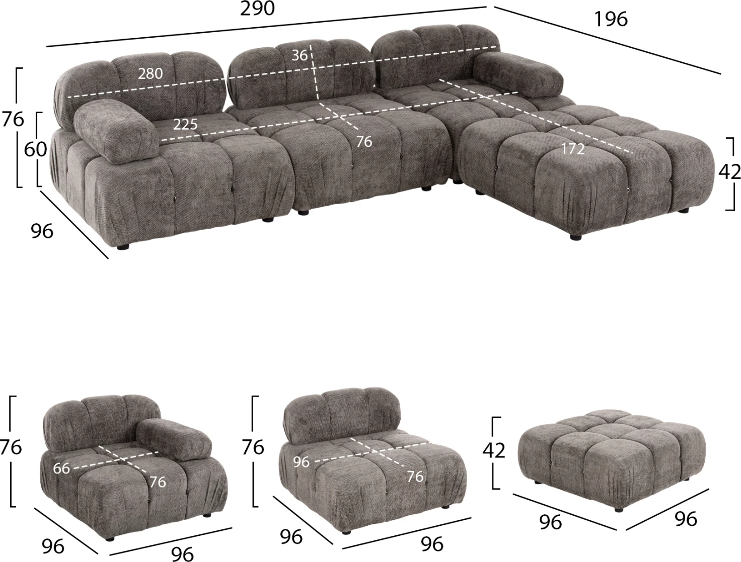 Divan polimorfik SHIFTER FH6073.02, pëlhurë e teksturuar, ngjyrë gri, 290x196x76H cm