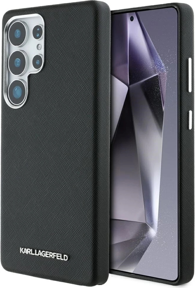 Mbështjellës Karl Lagerfeld Saffiano Full Wrapped Elongated Metal Logo MagSafe për Samsung Galaxy S25 Ultra, Zi