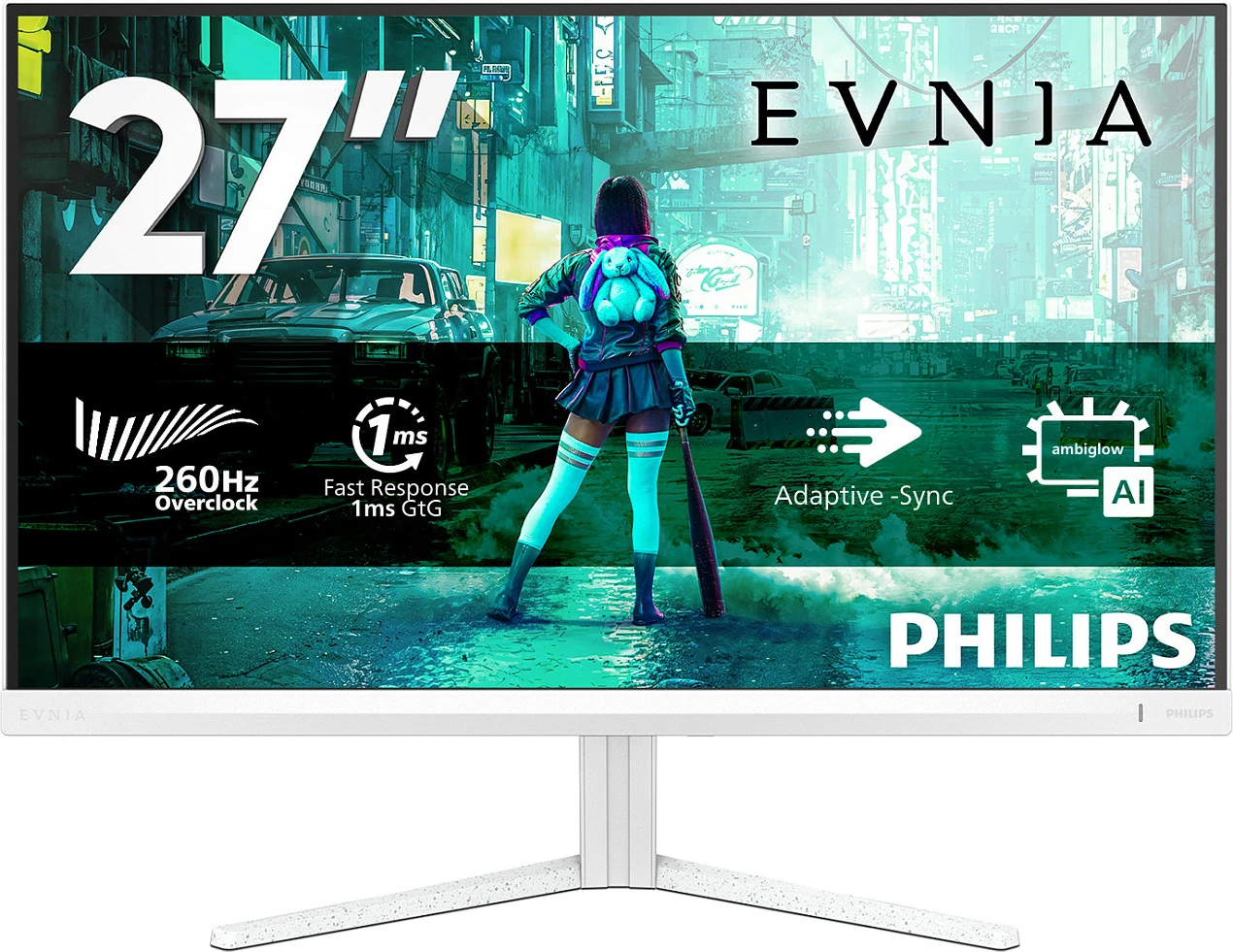 Monitor gaming Philips Evnia 27M2N3201PL/00, 27″ Full HD, Fast IPS, 260Hz, 1ms, HDR10, Adaptive-Sync, i bardhë