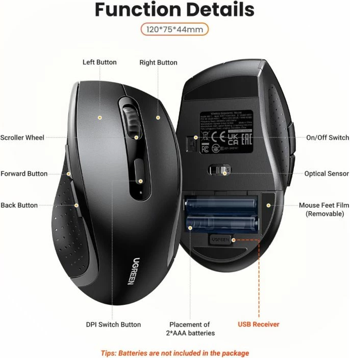 Maus wireless ergonomik UGREEN 45012 2.4GHz 1600 DPI me butona anësor, i zi