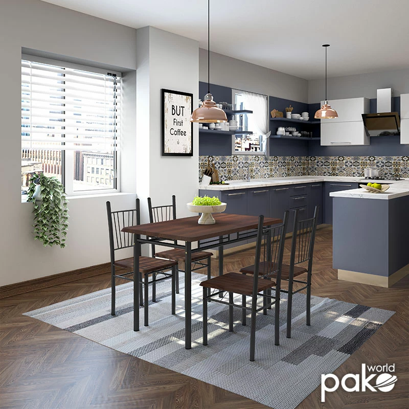 Tavolinë me karrige Roza 5 copë, ngjyrë arre e errët, këmbë të zeza mat, 120x70x75cm