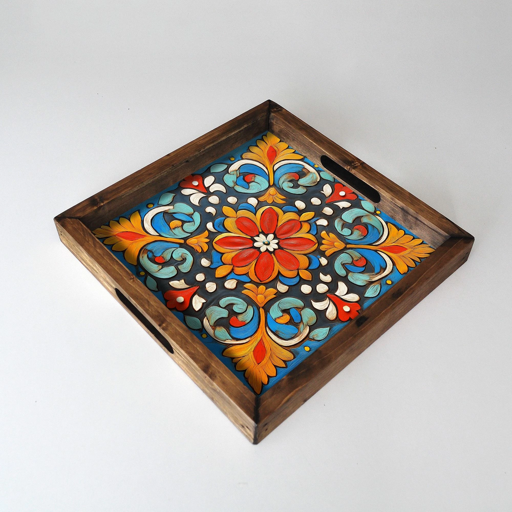 Tabaka dekorative prej druri, shumëngjyrëshe, Evila Originals, REF053, 35x35x4 cm