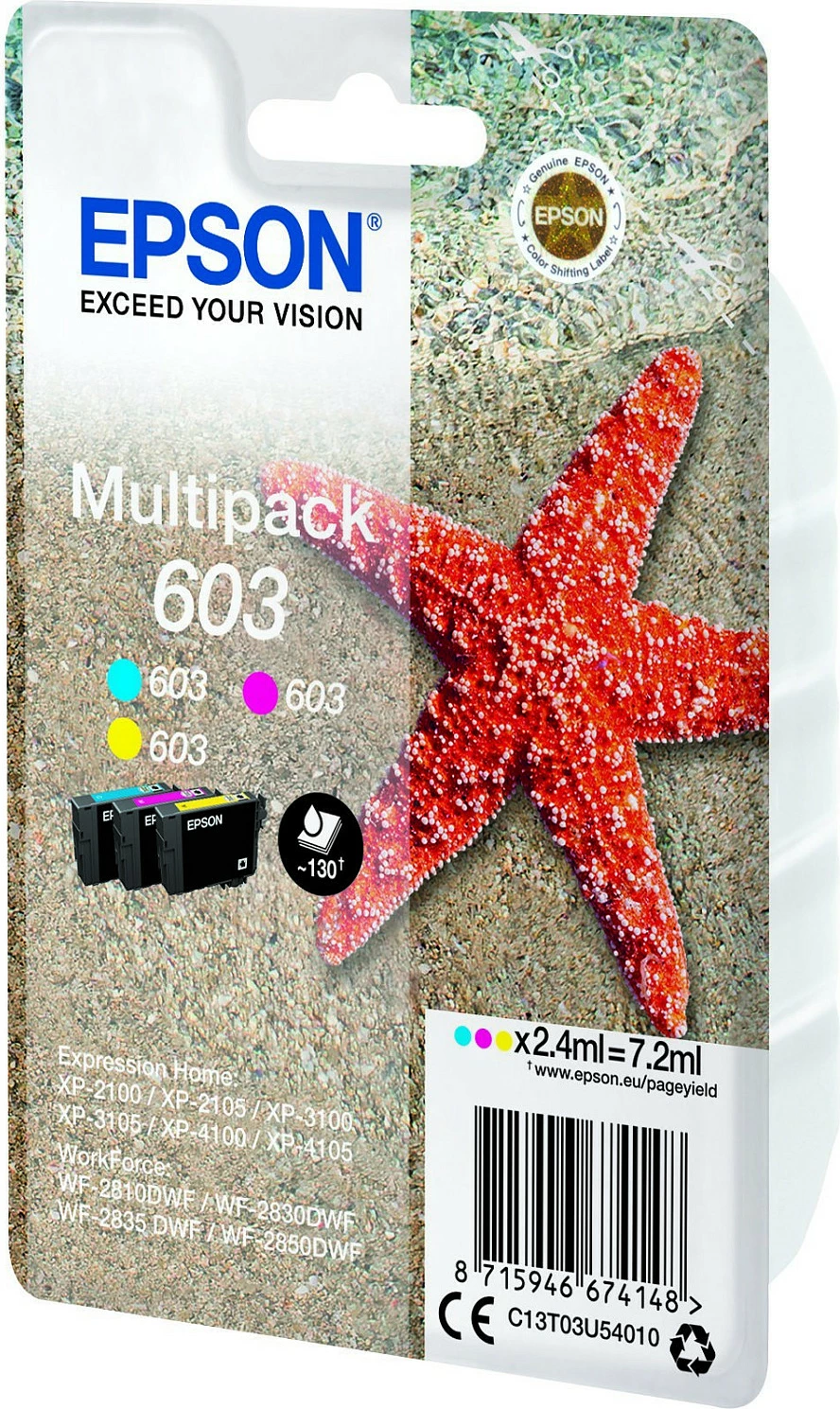 Kartrixha boje Epson 603 Multipack C13T03U54020, Standard Yield, 3 ngjyra CMY, 2.4 ml, 130 faqe