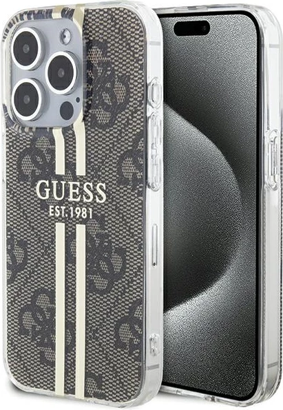 Mbështjellës Guess IML 4G Gold Stripe për iPhone 15 Pro Max, kafe
