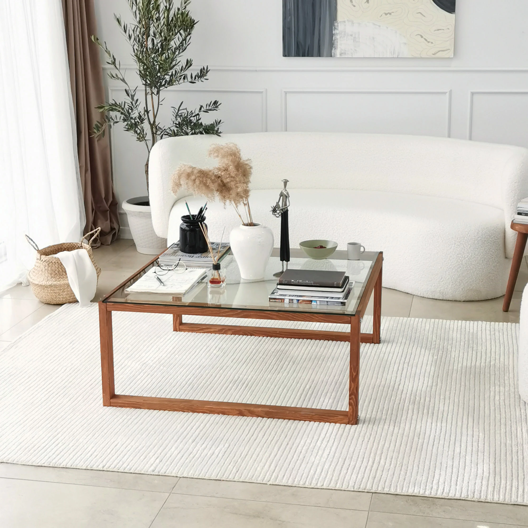 Tavolinë kafeje Hanah Home, Via, ngjyrë druri, xham i temperuar, 90x90x40cm