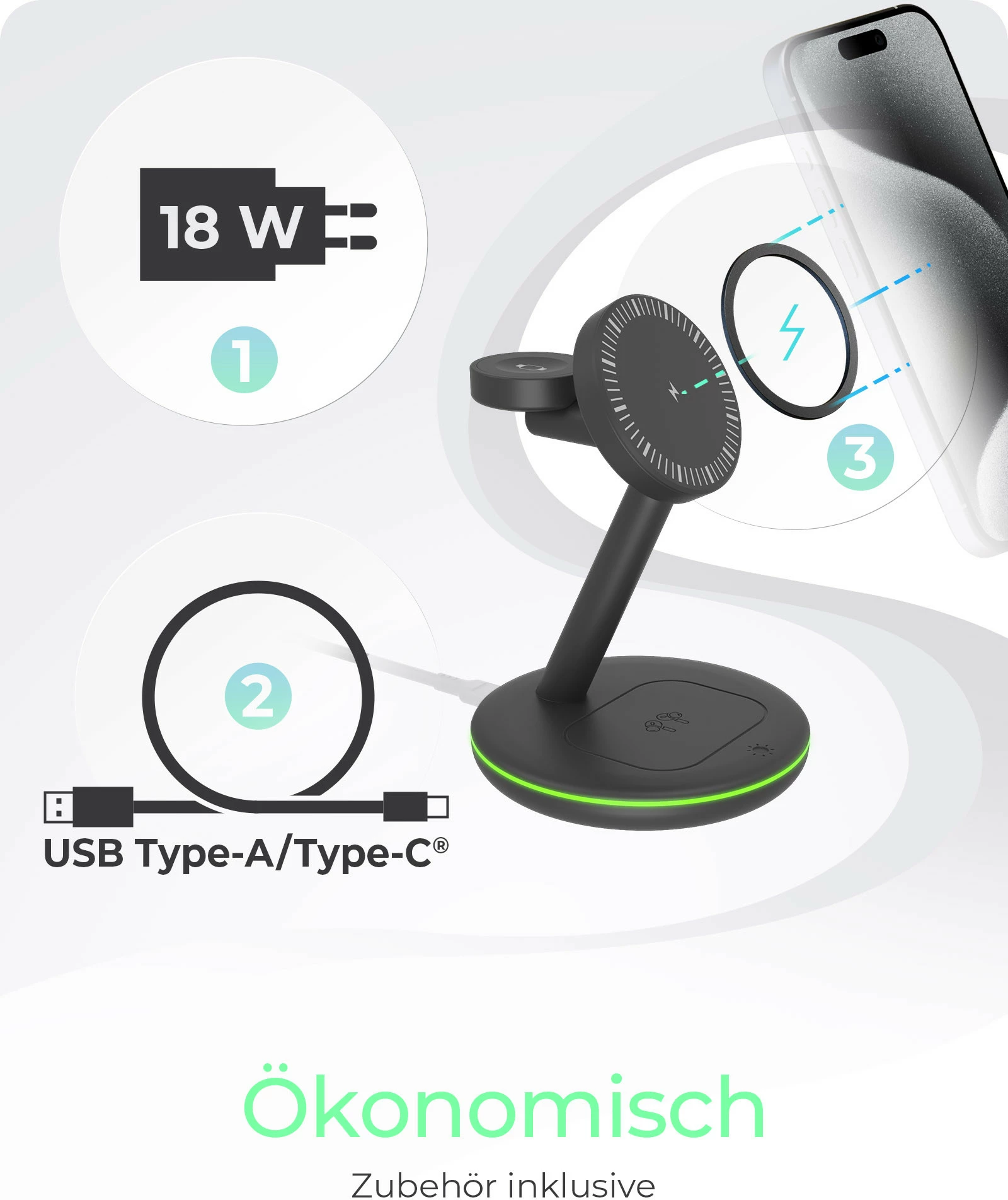 Stacion karikimi magnetik ICY BOX 3-në-1, MagSafe, USB-C/PD, iPhone/Apple Watch/AirPods, i zi