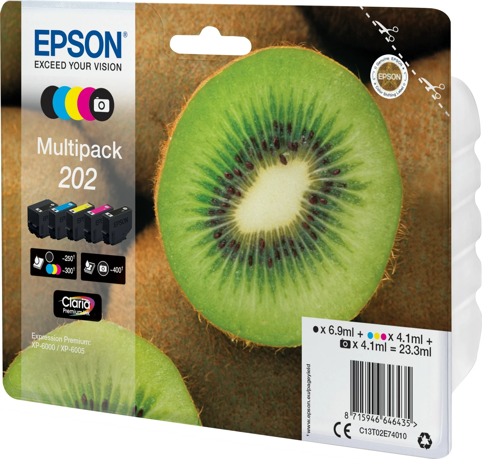 Multipack bojra Epson Kiwi 5-ngjyrëshe 202 Claria Premium, Standard Yield, e zezë, foto e zezë, cyan, magenta, e verdhë