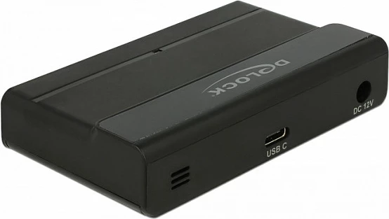 USB hub DeLOCK 4-port, USB-C në hyrje, USB 3.2 Gen 2 10Gbps, me adapter AC, i zi