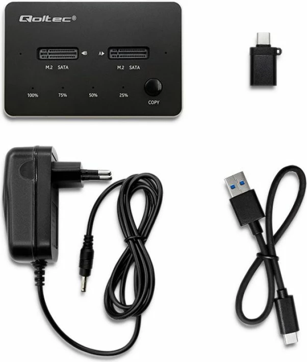 Doking stacion për SSD M.2 SATA Qoltec, 2x porta, e zezë