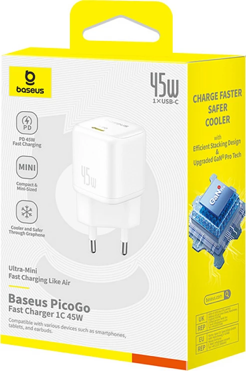 Karikues Baseus P10176800213-00, 45W GaN, USB-C PD 3.0, PPS, i bardhë