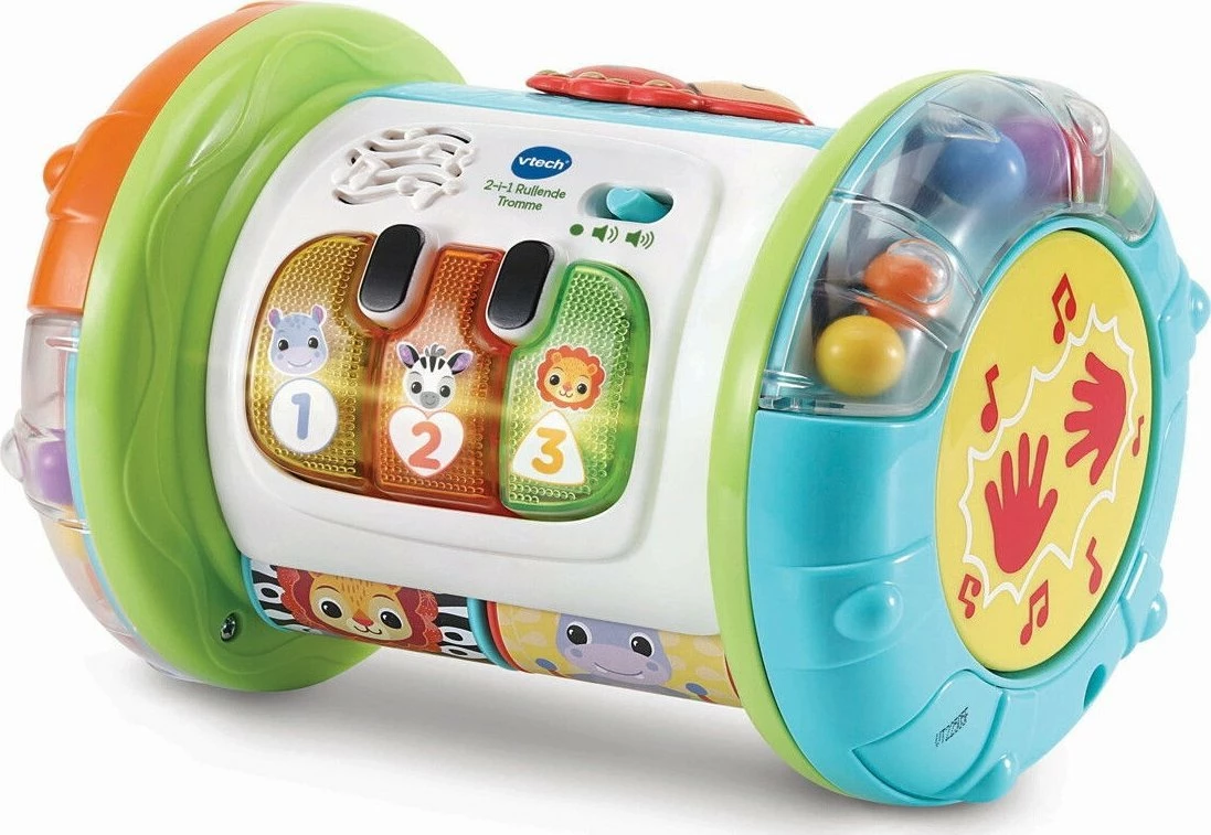 Daulle muzikore interaktive rrotulluese 2-në-1 Vtech Little Explorer Drum, shumëngjyrëshe