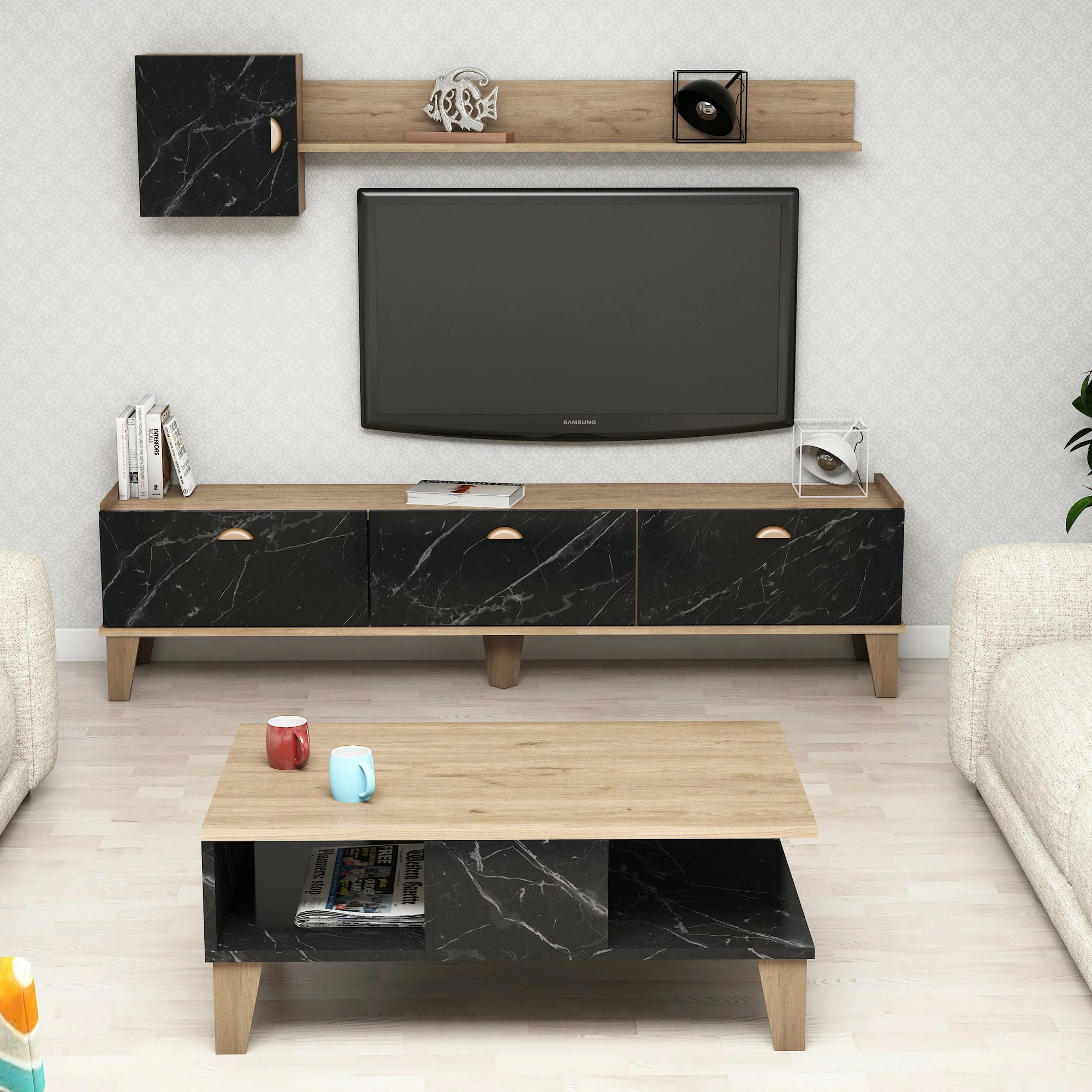 Set mobiljesh për dhomë dite Hanah Home, Sumer G5030, ngjyrë lis dhe mermer