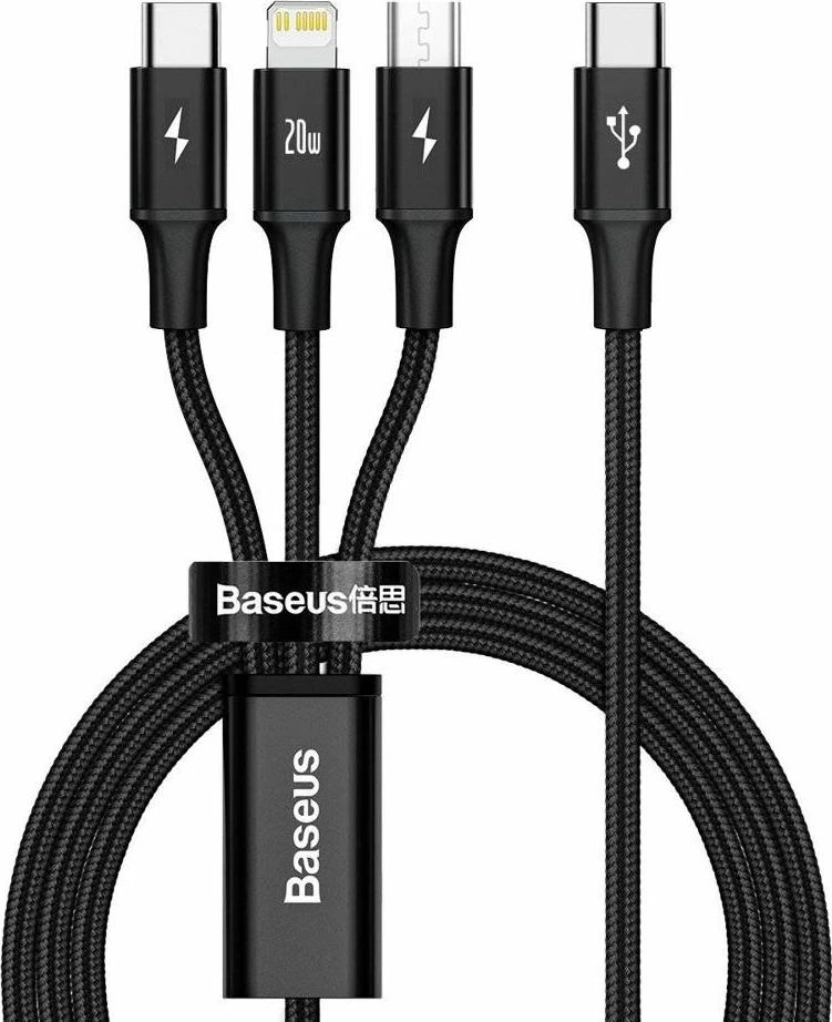 Kabllo USB Baseus Rapid 3in1 CAMLT-SC01, USB-C në USB-C + microUSB + Lightning, 1.5 m, 20W PD, e zezë, 1 copë