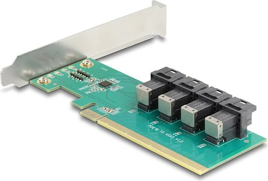 Kartë zgjerimi PCIe DeLOCK Express x16 në 4x SFF-8643 NVMe, low profile, e gjelbër/bardhë