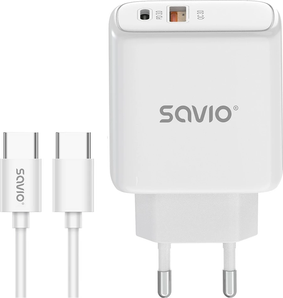 Karikues muri 20W, Savio LA-13, 2 porta USB-A + USB-C, PD 3.0/QC 3.0, me kabllo USB-C në USB-C 1m, e bardhë