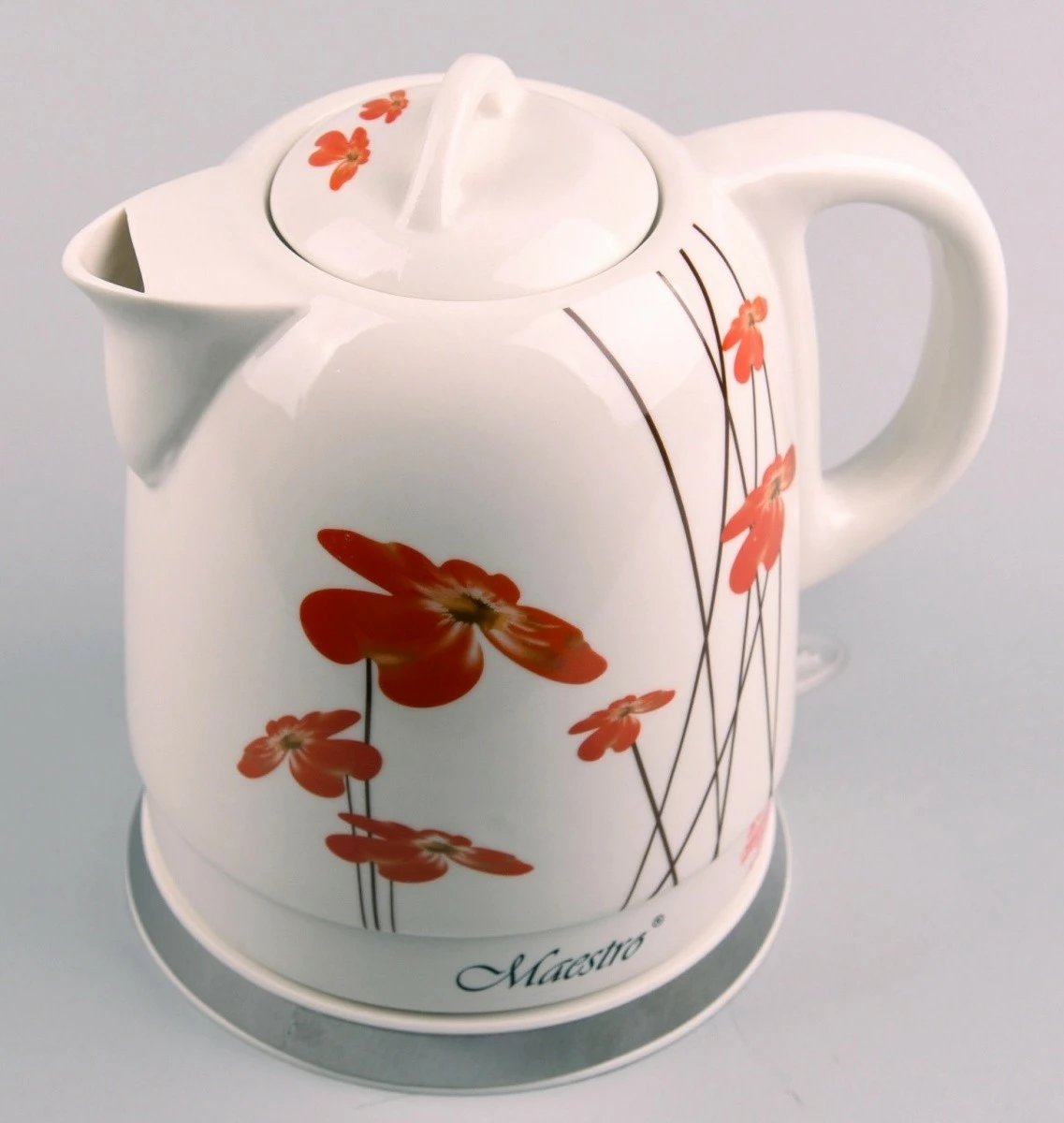 Ibrik elektrik qeramike Feel-Maestro MR-066-RED-FLOWERS, 1.5L, 1200W, dekor me lule të kuqe