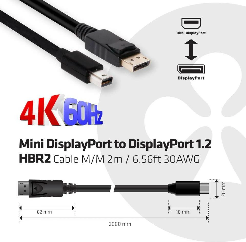 Kabllo Club3D Mini DisplayPort në DisplayPort 2m, 4K, e zezë