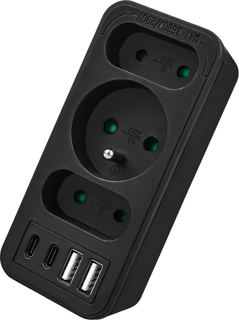 Shpërndarës prizash, Maclean MCE248 F/B, 3 dalje (2 të sheshta + 1 me tokëzim), 2x USB-A + 2x USB-C PD 20W, zi