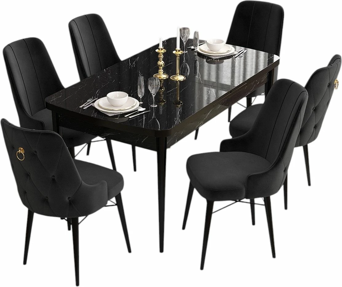 Set tavoline me karrige, zgjatshme, 7 copë, Skye Decor, ngjyrë mermeri të zi, e zezë
