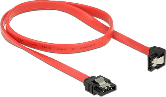Kabllo SATA DeLOCK 83979, 0.5 m, SATA 7-pin në SATA 7-pin, 6 Gbit/s, me kapëse, e kuqe/zezë
