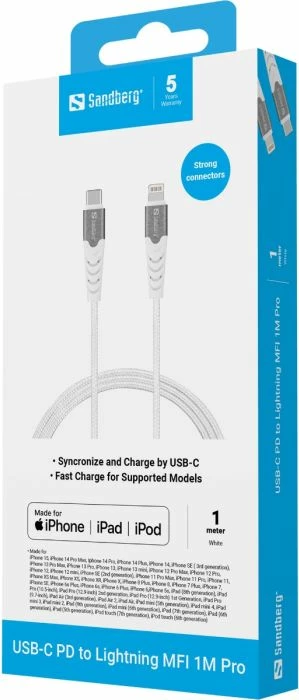 Kabllo USB-C PD në Lightning MFI Sandberg 136-25 PRO 1m, bardhë/gri